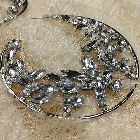 NEW Earrings Half Moon Hoop Cluster Stunning Faux Diamonds Pierced Crystals 2" - Picture 2 of 6